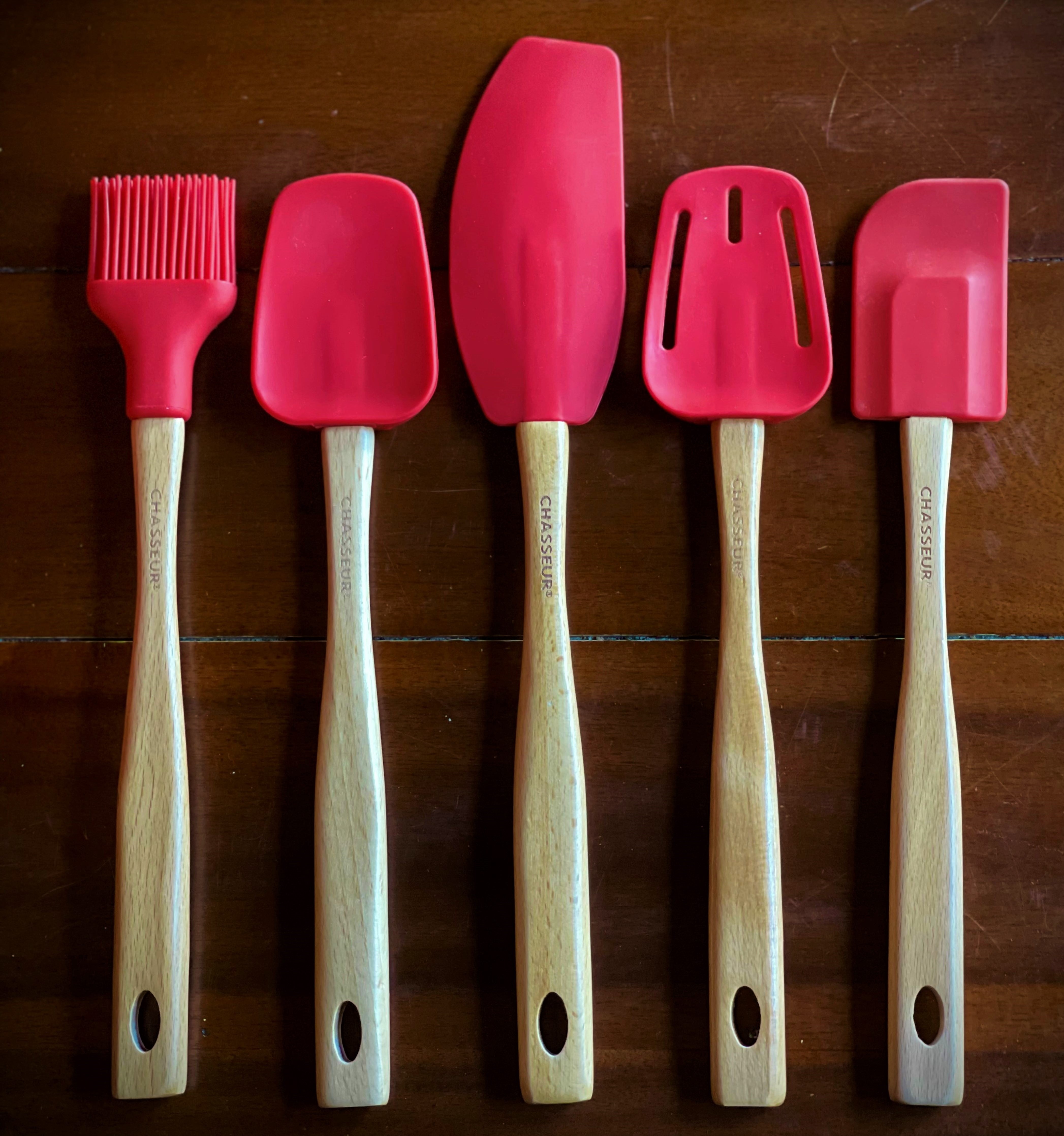 Chasseur Red Silicone Utensil Set with Wooden Handle Everything